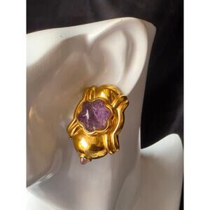 Vintage Francesca Romana Gold Gilt & Purple Glass Statement Clip-On Earrings